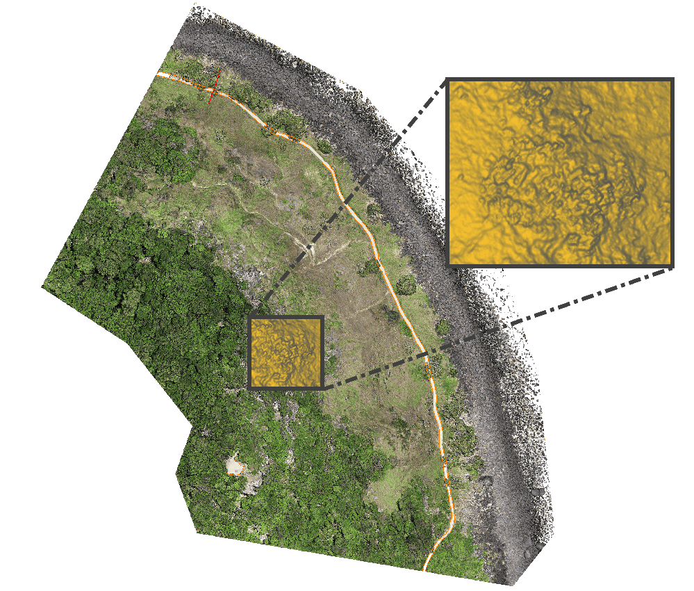 Orthophoto and LiDAR topographic modelling used to identify geohazards and overhangs for geotechnical assessment of hillside