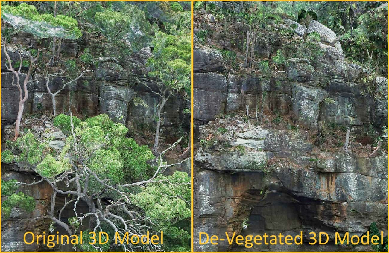 geospatial survey for geotechnical assessment using 3d model mesh editing to remove large trees and reveal terrain beneath