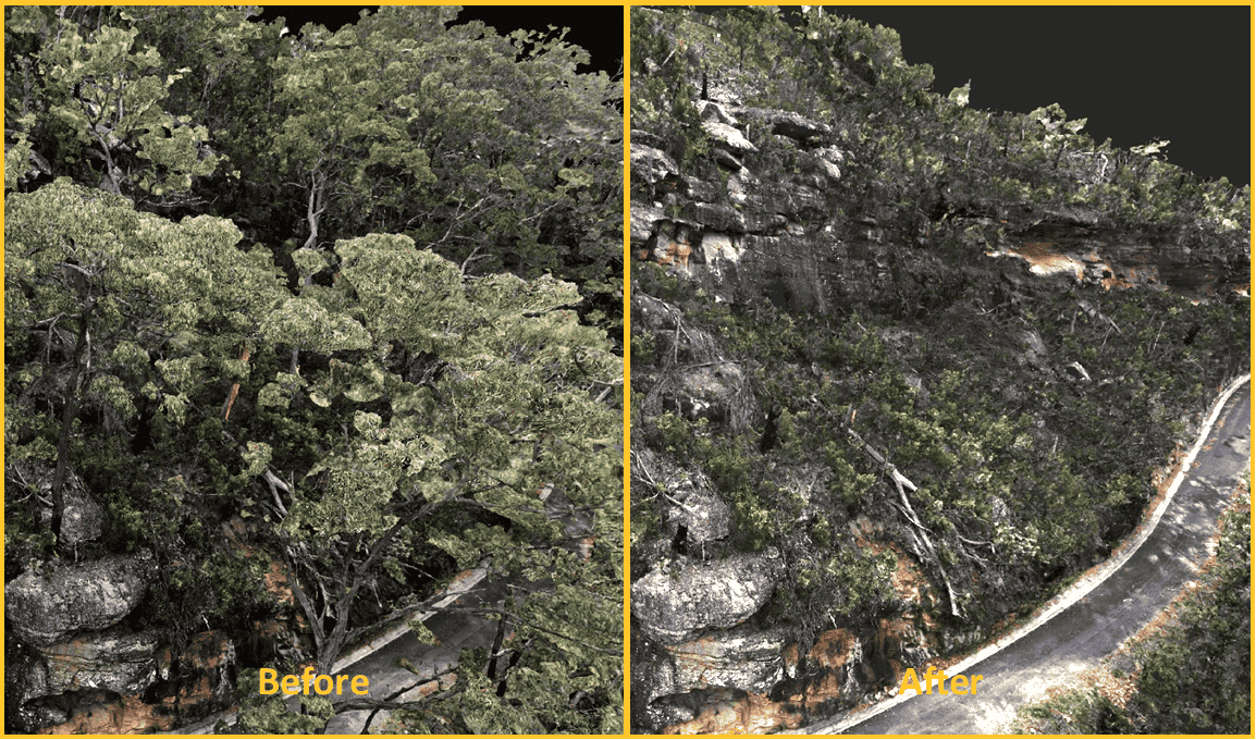 Photogrammetry model of vegetated hillside with trees digitally removed