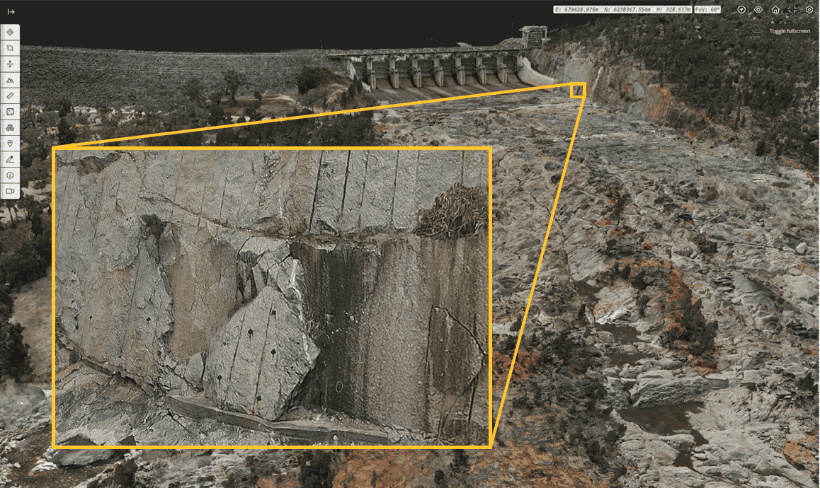 photogrammetry model of dam spillway to view changes and close visual inspection