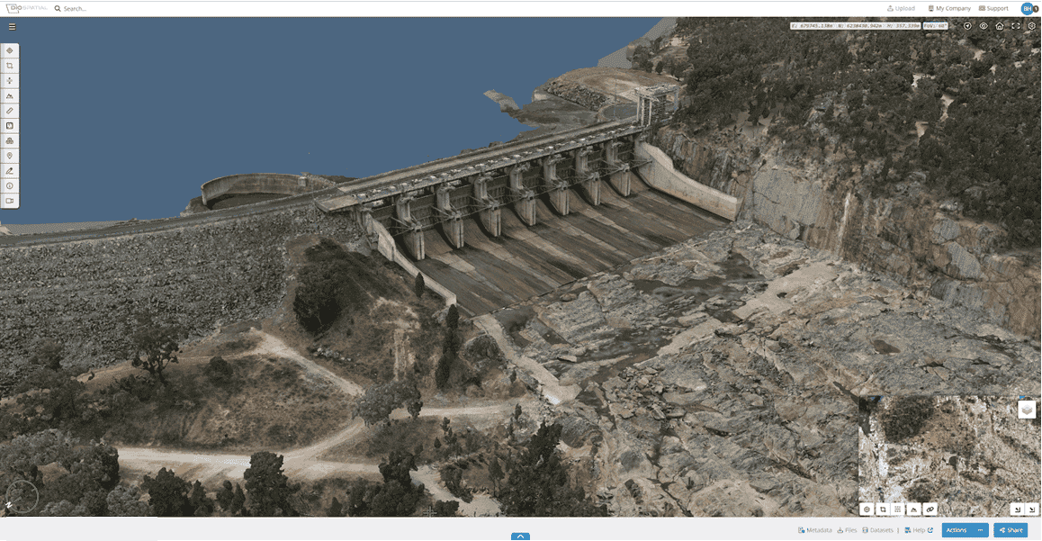 pointerra web based portal to view geospatial data for change detection of dam spillway