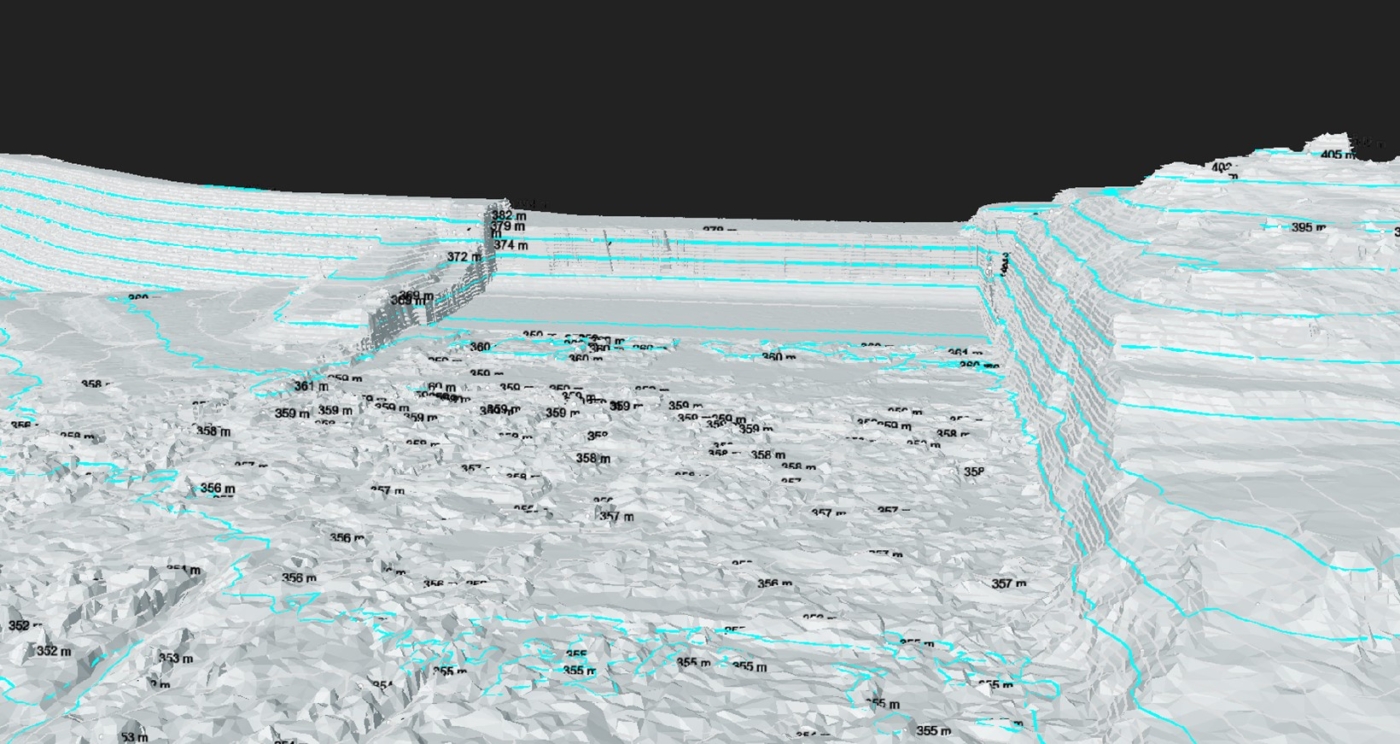 surface mesh digital terrain model with elevation contours to support change detection of dam spillway
