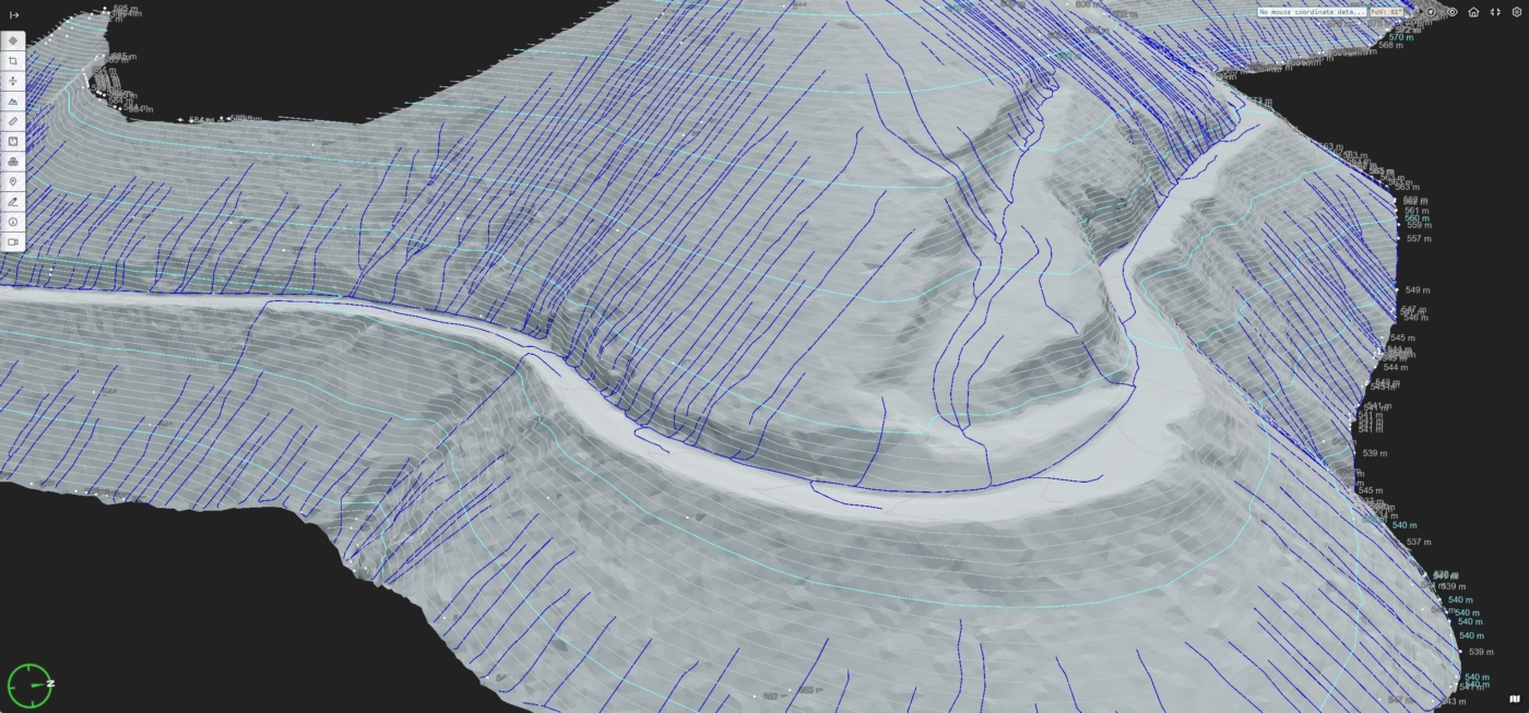 Surface Ground Mesh with elevation contours and watershed analysis